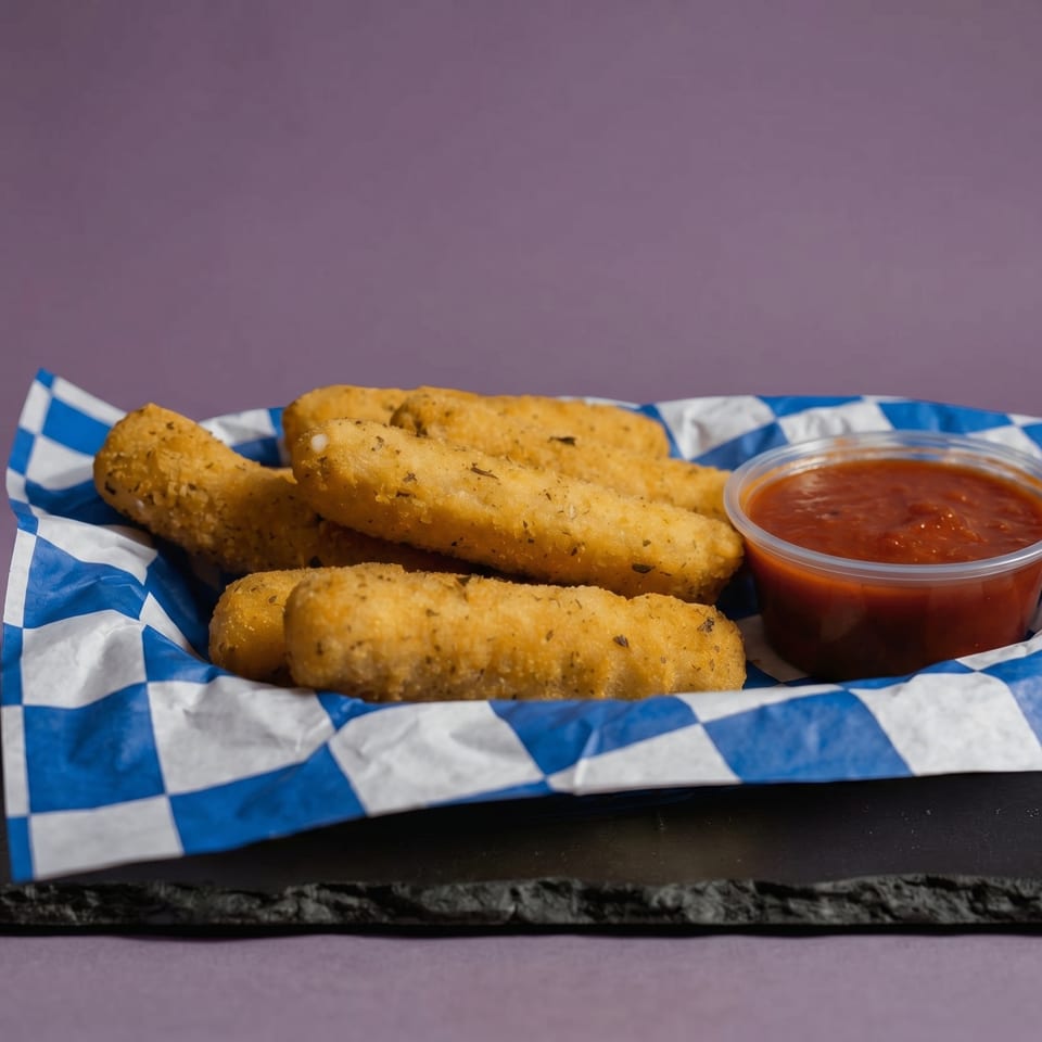 Golden fried mozzarella sticks and a cup of marinara sauce in a blue and white checkered basket.