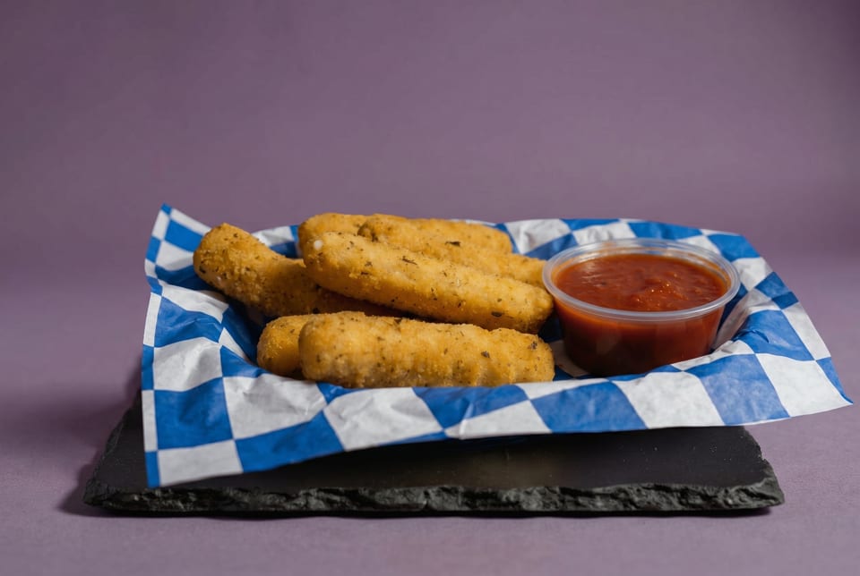 Golden fried mozzarella sticks and a cup of marinara sauce in a blue and white checkered basket.