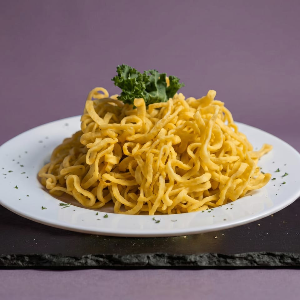 A white plate of golden noodles topped with a sprig of green kale, on a black slate.