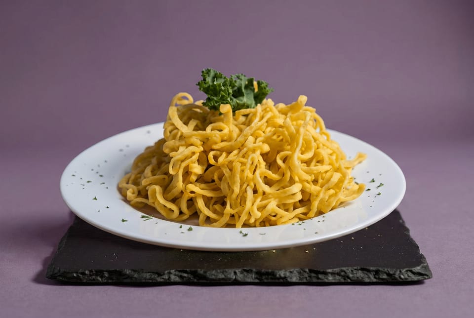 A white plate of golden noodles topped with a sprig of green kale, on a black slate.