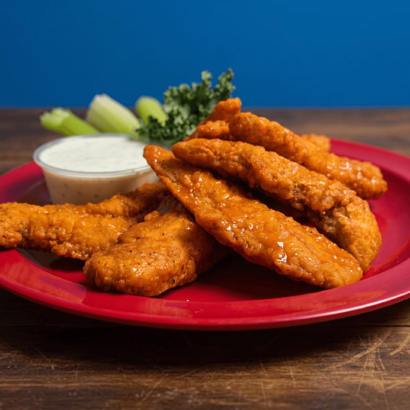 Crispy buffalo chicken strips with ranch dip, celery, and greens on a red plate.