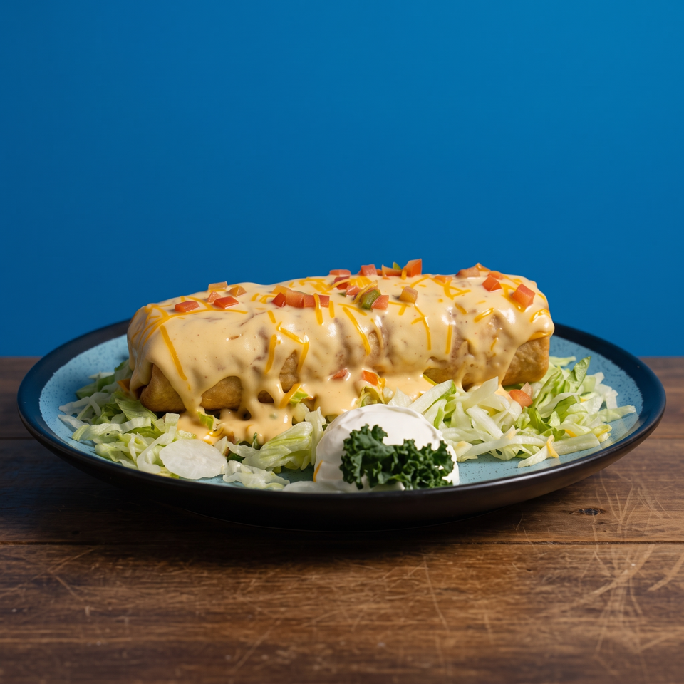 Cheesy stuffed burrito topped with diced tomatoes and peppers, served over shredded lettuce with sour cream on a blue plate.