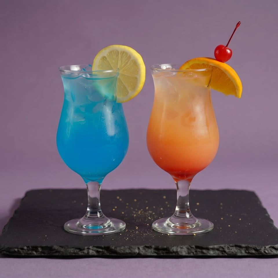 Two colorful cocktails, one blue with lemon and one orange with cherry and orange slice, on a slate board.