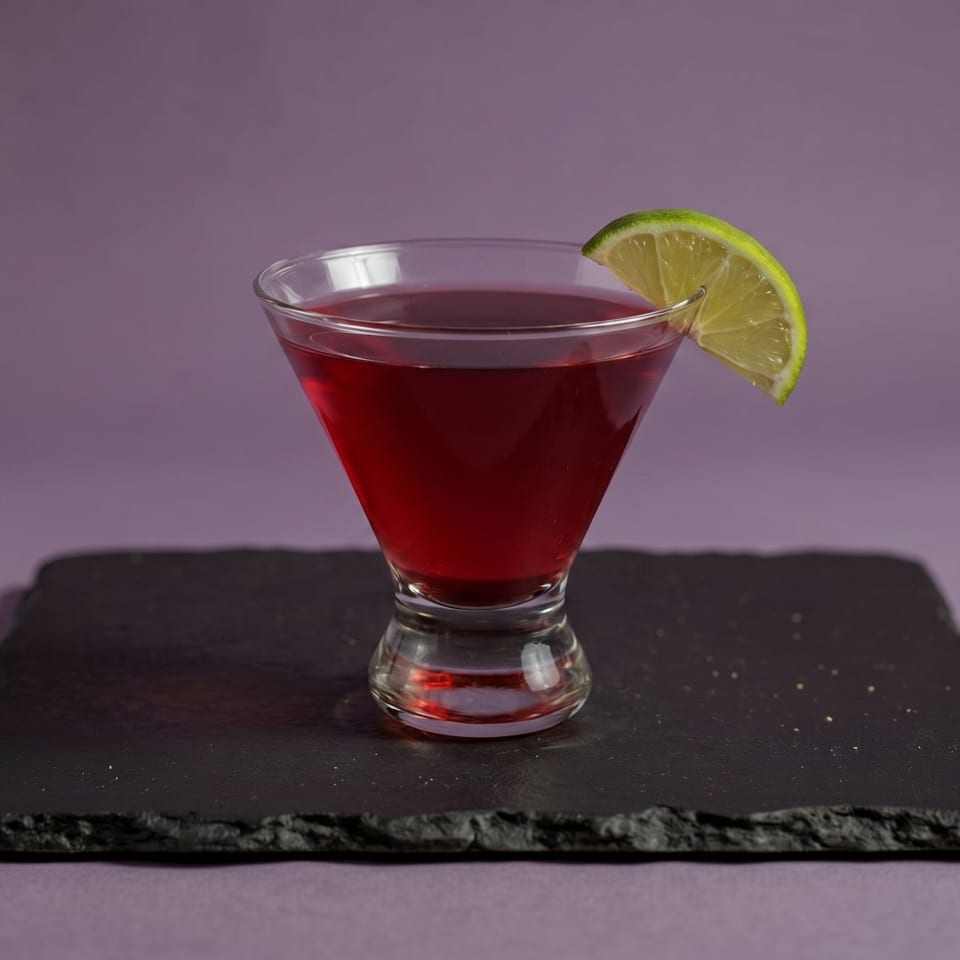 A red martini with a lime wedge garnish sits on a black slate coaster against a purple background.