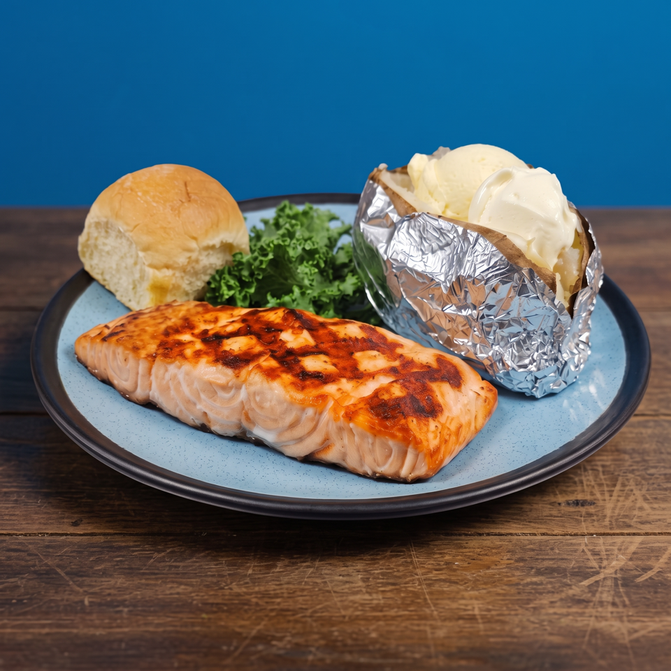 Grilled salmon fillet served with a baked foil-wrapped potato, dinner roll, and leafy greens on a blue plate.