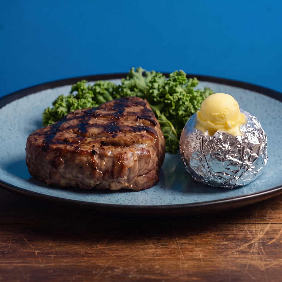 Grilled steak with seared glaze, leafy greens, and a foil-wrapped baked potato topped with butter on a blue plate.