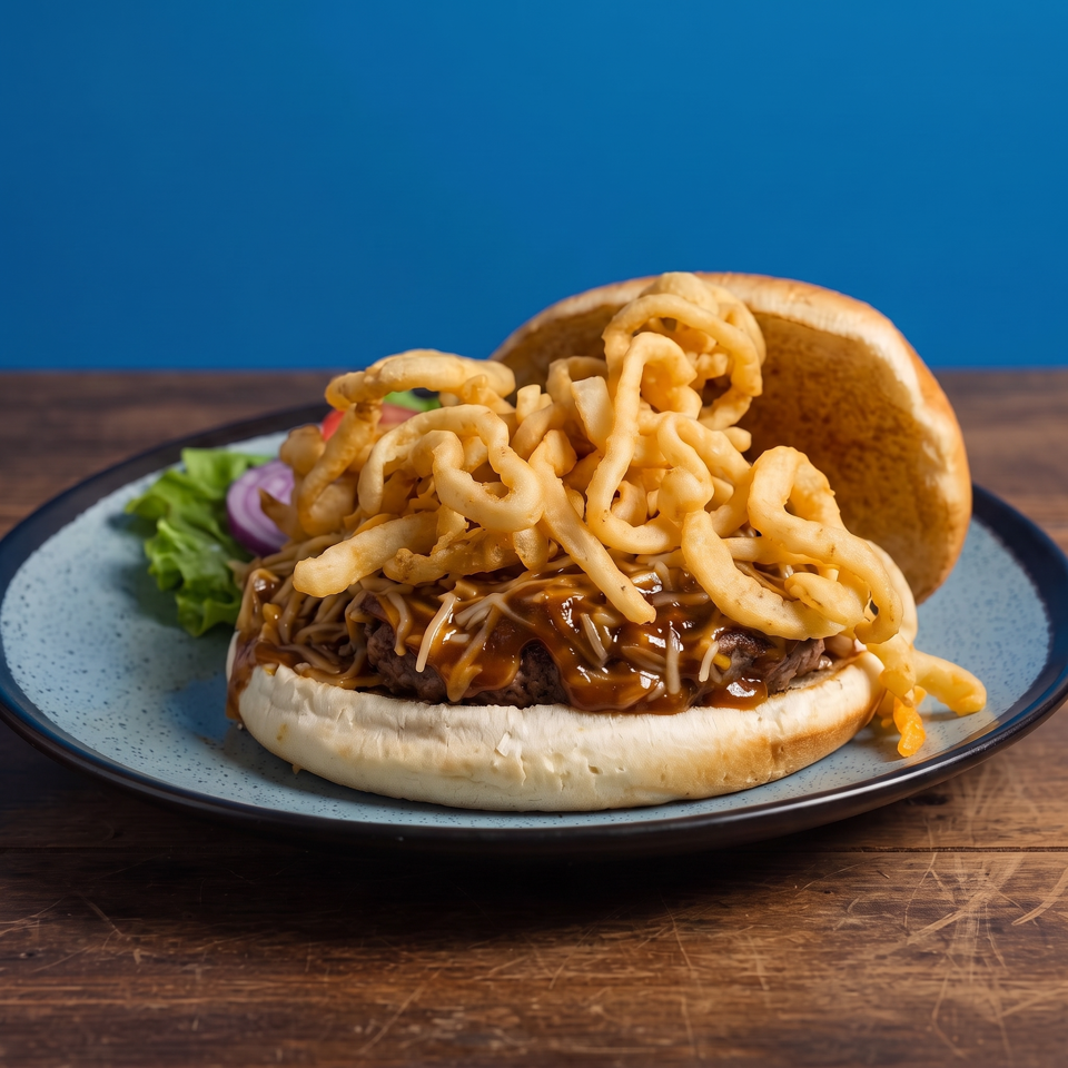 Loaded hamburger topped with crispy fried onions, melted cheese, brown sauce, and salad on a blue plate.