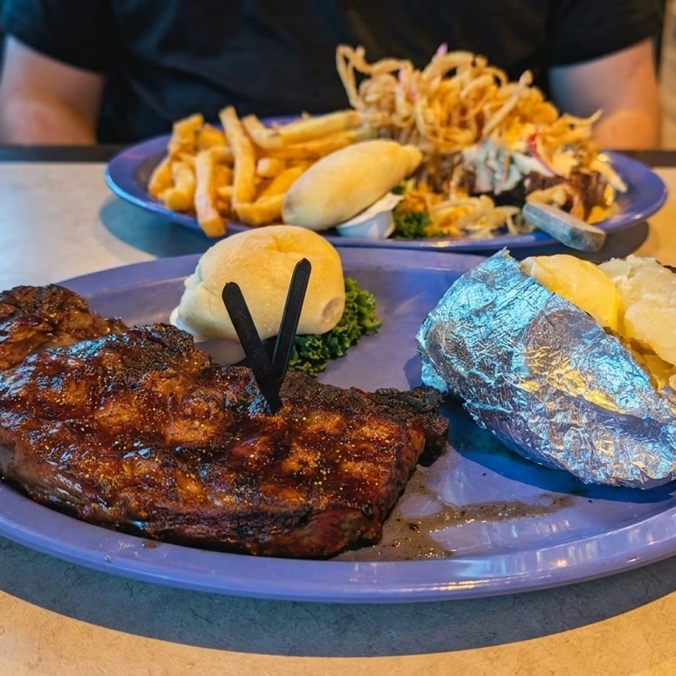 Two plates of food, one with steak and baked potato, the other with fries and onion strings.