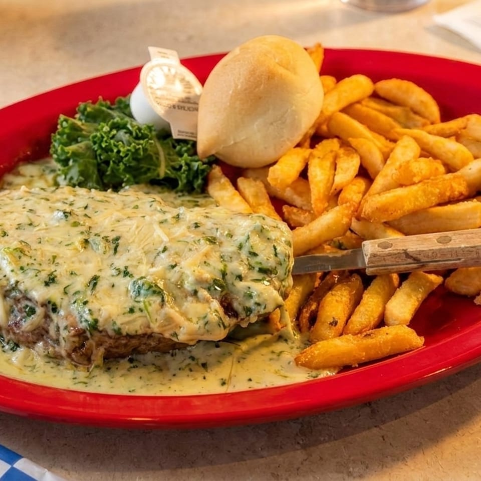 Cheesy hamburger steak with gravy, fries, a dinner roll, and kale on a red platter.