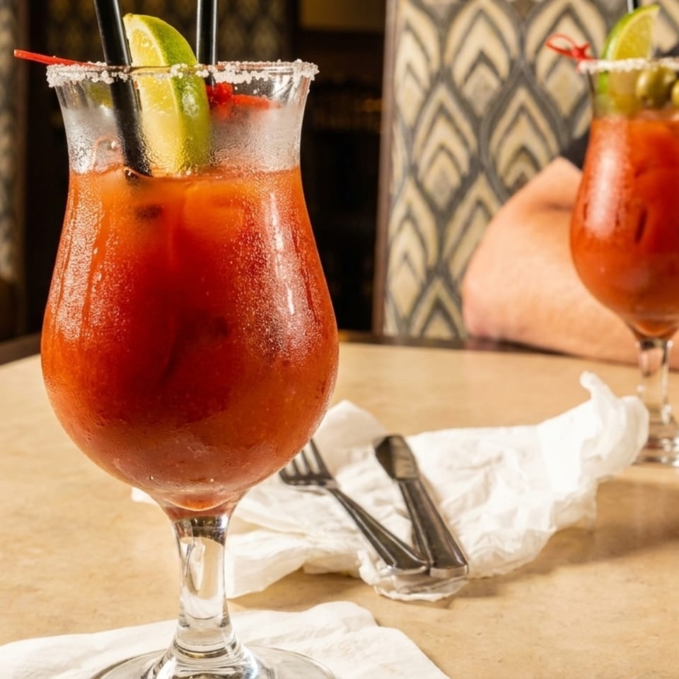 Two Bloody Mary cocktails with lime and olives on a table, with a person in the background.