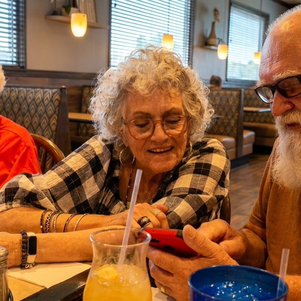 Three older adults at a restaurant table, two looking at a phone, one looking forward.